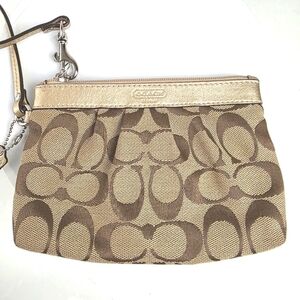Coach Brown Gold Clutch Wristlet Coin Pouch‎ Purse Small Canvas Jacquard Leather